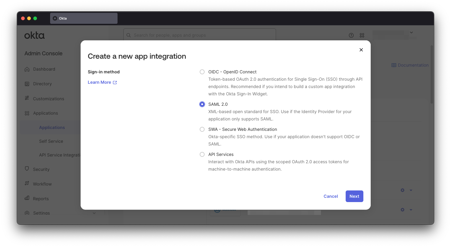 Okta app integration selection