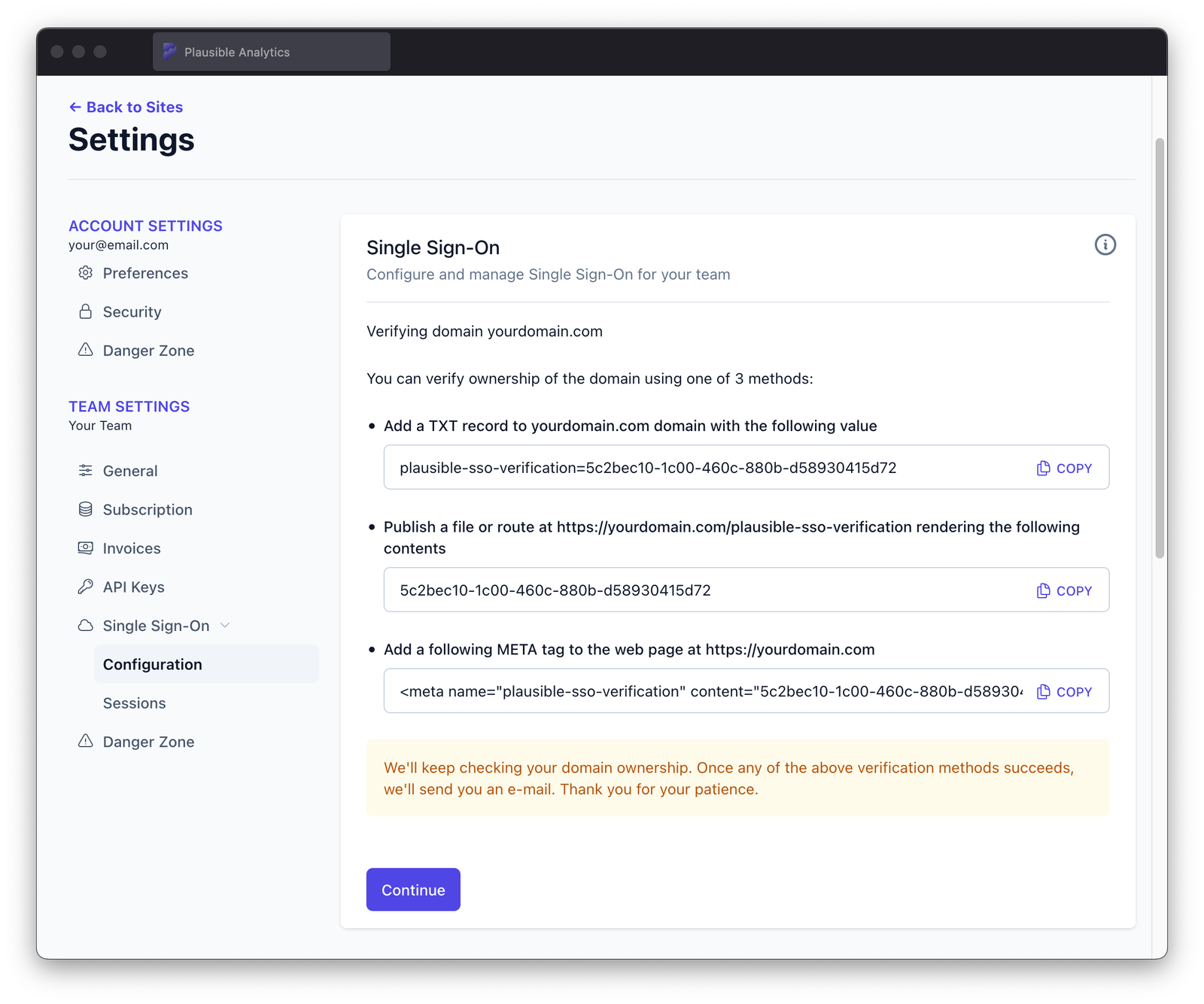 Verifying SSO domain